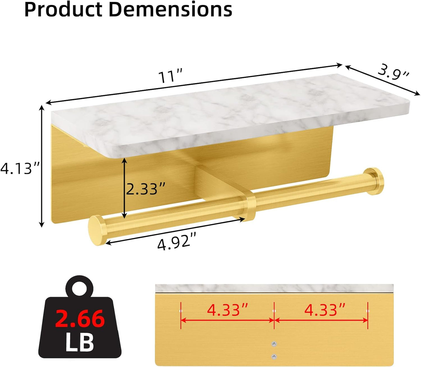Brushed Gold Toilet Paper Holder with Shelf, New Upgrade Double Toilet Paper Holder with Storage, Marble Roll Toilet Paper Wall Mount for Bathroom Washroom