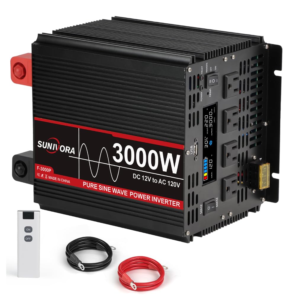 Sunivora 3000 Watt Pure Sine Wave Power Inverter With Lcd 12V Dc To 110V/120V Ac Peak Power 6000W Car Power Inverter With 4 Ac O
