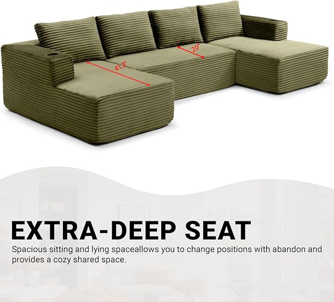 132" Modular Sectional Sleeper Sofa, Boneless Cloud Couch for Living Room, U Shaped 5 Seat Sofa with 2 Cup Holders, Free Combination, No Assembly Required (Green)