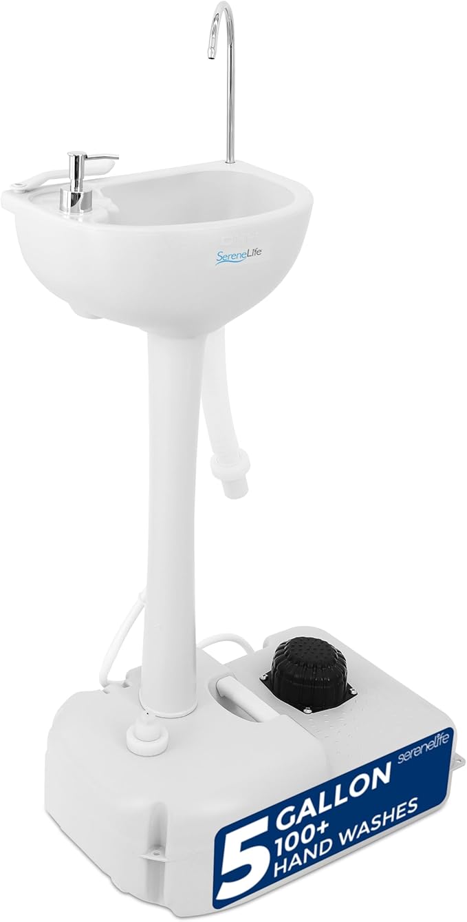 SereneLife Portable Camping Sink with 19L (5+ Gallon) Water Tank, Hands-Free Foot Pump, Soap Dispenser & Towel Holder, Com...
