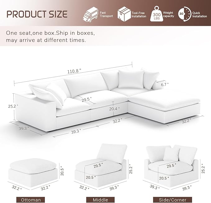 Intuition Decor Oversize Cloud Modular Sectional Sofa,110.8" L Shape 3 Seaters with Chaise Down Filled Comfort Sofa Detachable Couch Cushion Covers for Living Room,White