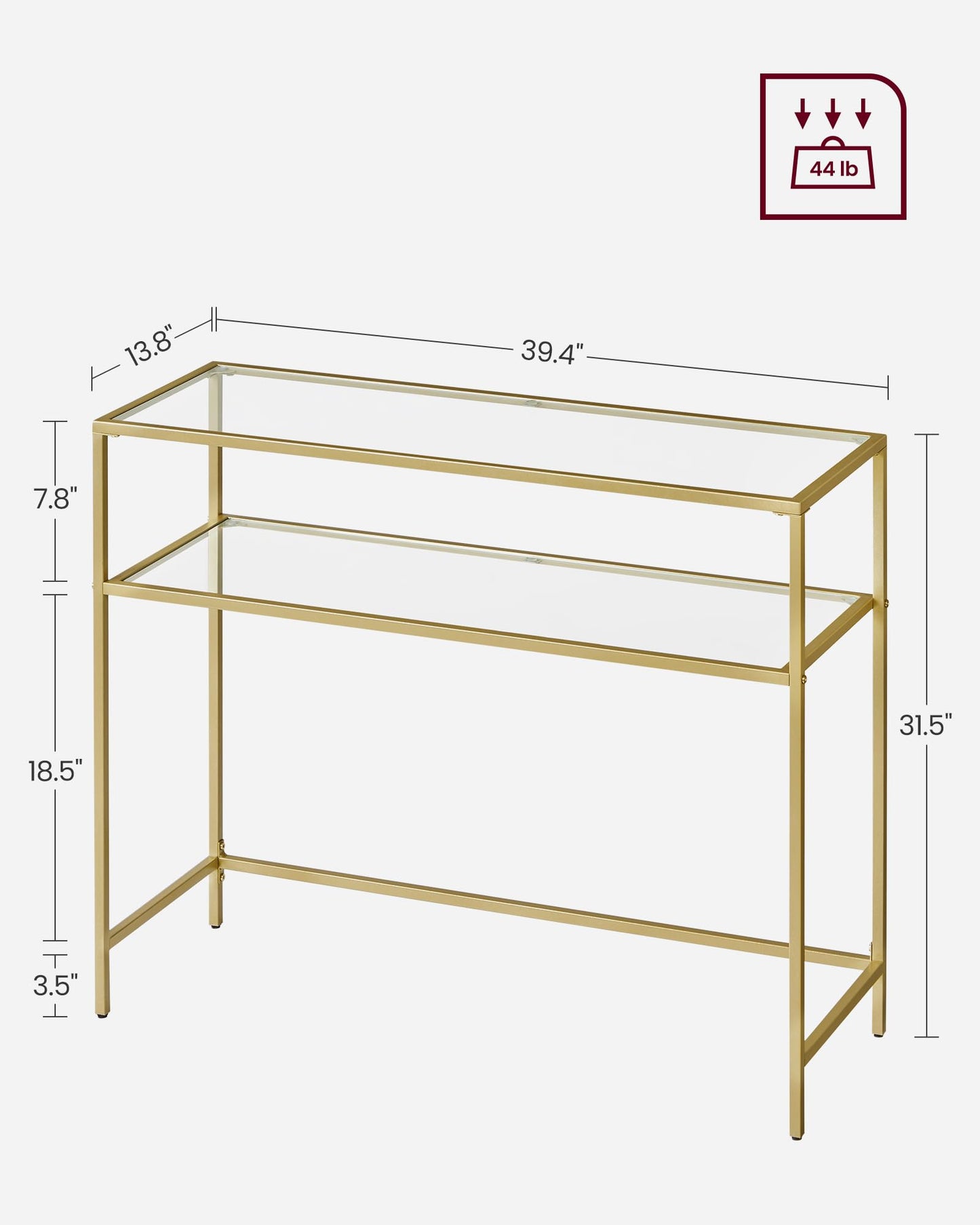 VASAGLE 39.4 Inch Console Sofa Table, Modern Entryway Table, Tempered Glass Table, Metal Frame, 2 Shelves, Adjustable Feet, for Living Room, Hallway, Gold Color ULGT025A01