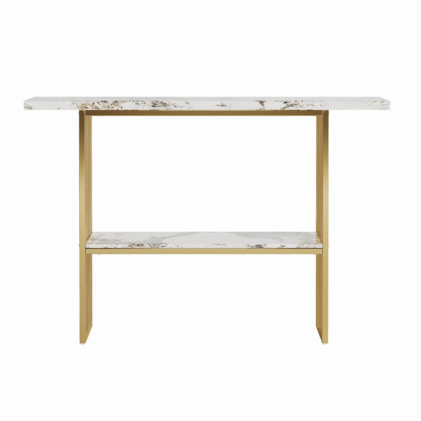GDFStudio 47.2" Modern Console Table with Shelf, Luxury Narrow Entryway Table with Faux Marble Top and Gold Metal Frame, Sofa Tables Behind Couch for Living Room Foyer Hallway, Gold White