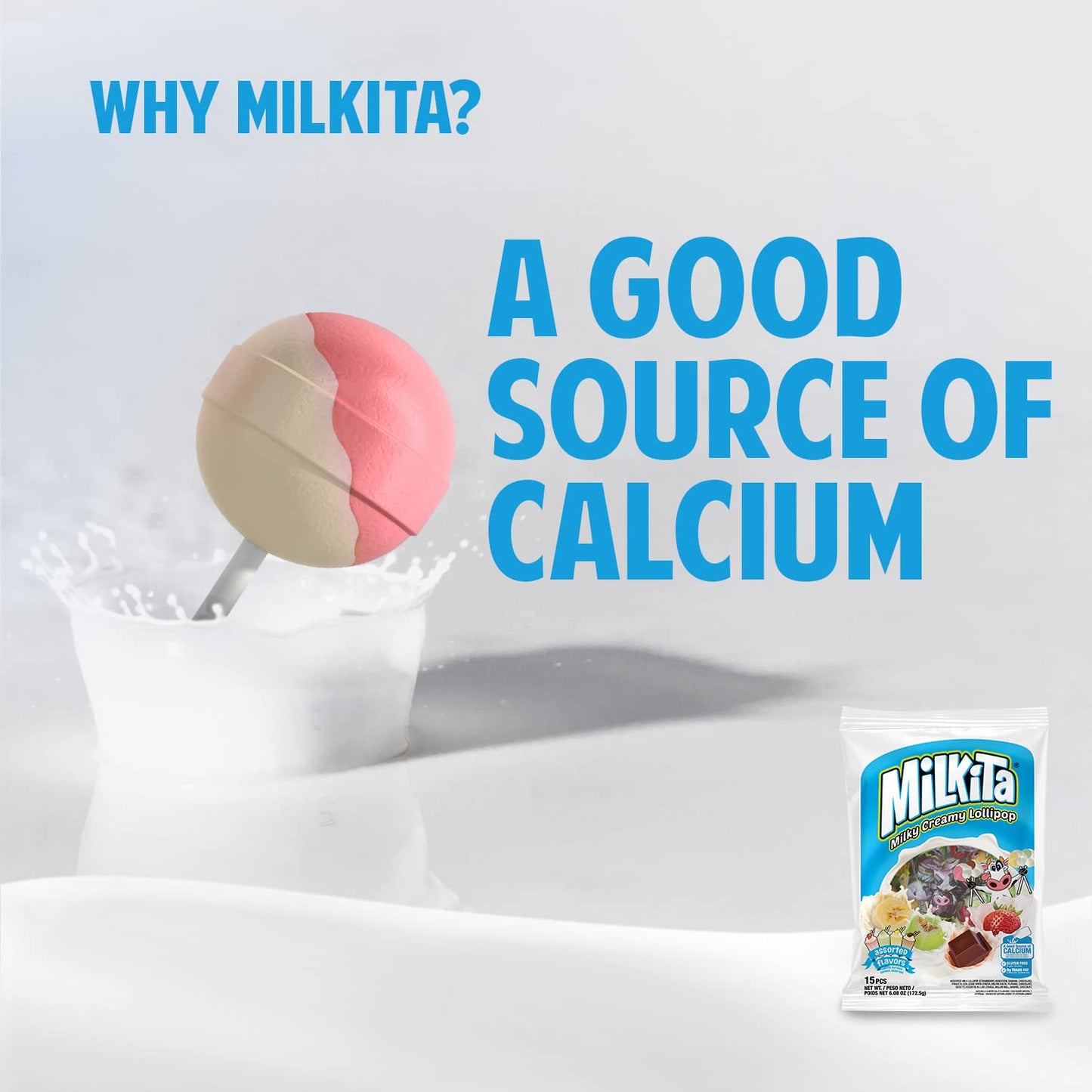 Milkita Creamy Shake Lollipop Bag, Gluten Free Chewy Candies with Calcium & Real Milk, Low-Sugar, Assorted Flavors (Strawberry, Chocolate, Honeydew, Banana), 15 Pcs