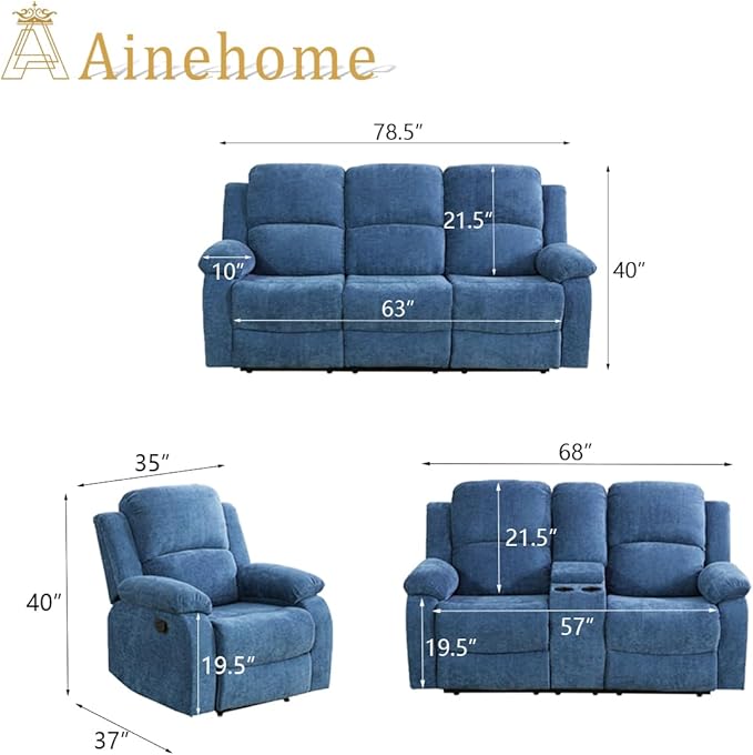 A Ainehome Living Room Furniture Set Recliner Sofa Set Loveseat Chair Furniture Sofa Set for Living Room/Small Space/Rv/House/Office/Theater Seating (A-Blue Microfiber, 3 Piece Set)