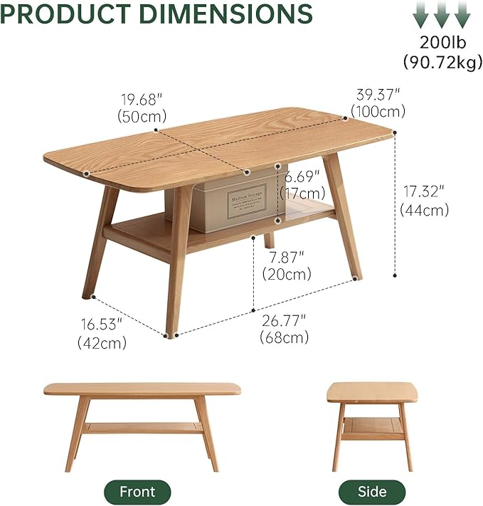 Wayshome 100% Solid Oak Wood Coffee Table for Living Room, 2-Tier Small Coffee Tables with Shelf Storage, Mid Century Modern Table with Rounded Corners (Natural, 39.37" x 19.68" x 17.32")