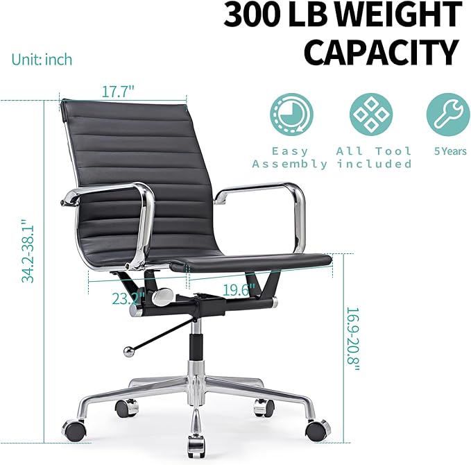 Deluxe Black Office Chair, Mid Back Computer Chair, Vegan Leather Desk Chair, Ergonomic Office Chair for Extra Back & Lumbar Support -Black