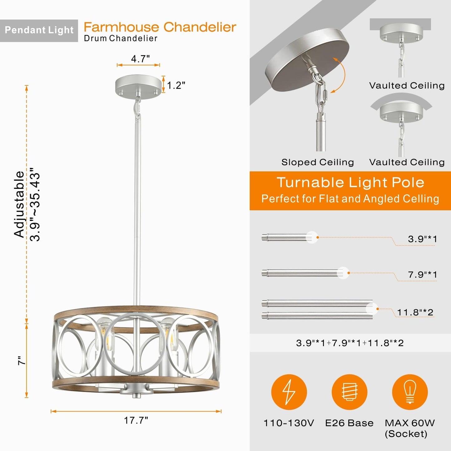 Guang Shuo Light Fixture Ceiling Mount,4-Light Farmhouse Metal Semi Flush Mount Ceiling Light Fixture 15.7" (Silver),Rustic Chandeliers for Living Room Bedroom Dining Room Entryway Hallway Kitchen