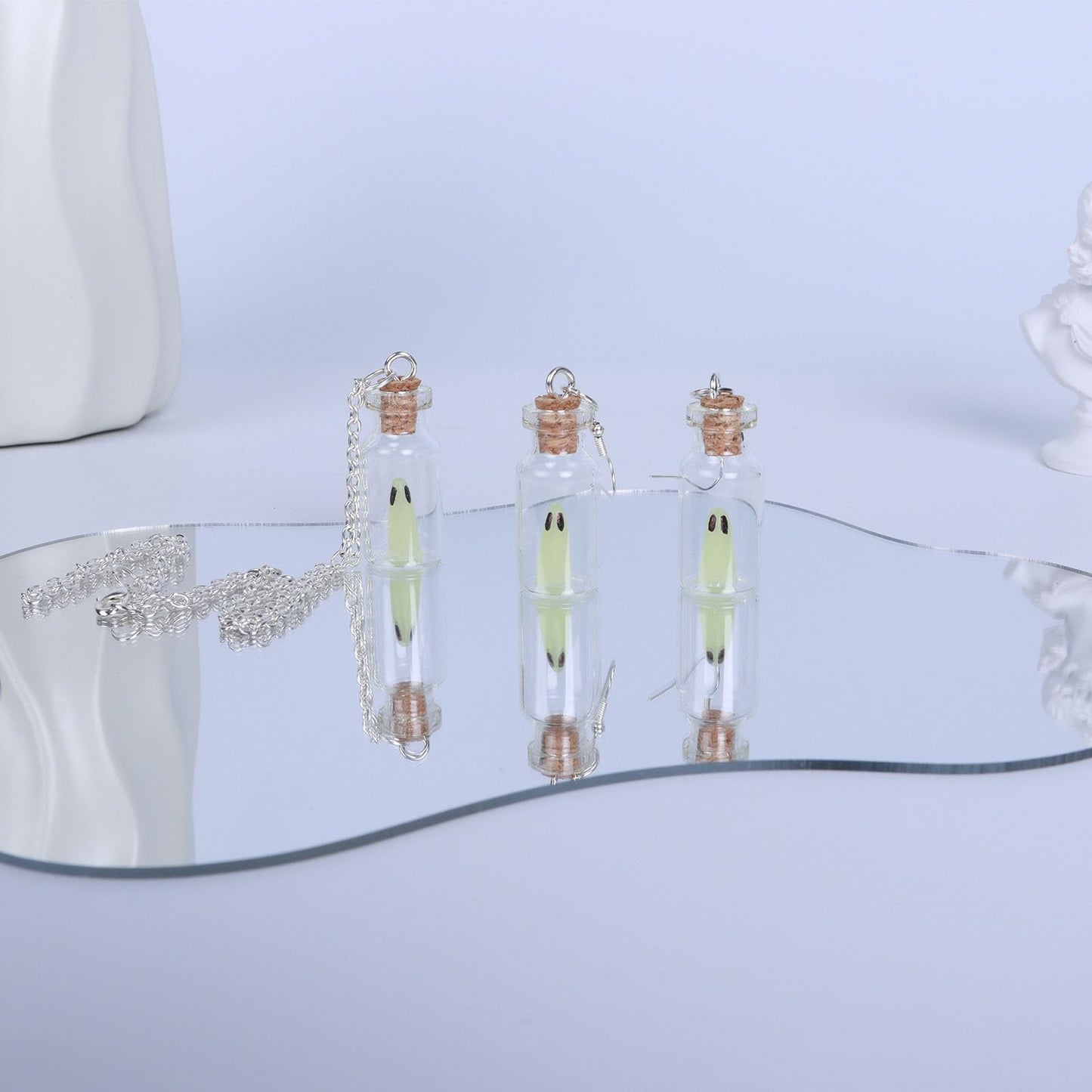 Gonashow Ghost Earrings & Necklace Blue, Glow in The Dark, Adopt A Ghost Earrings for Women, Men, Spooky Halloween Jewelry Set