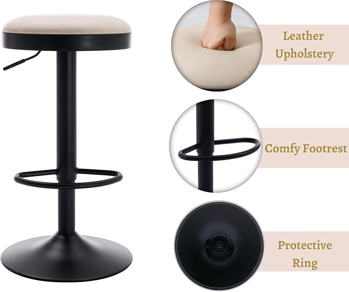EALSON Modern Swivel Bar Stools Set of 2 Adjustable Counter Height Backless Barstools with Metal Base Leather Upholstered Round Bar Stool Chairs for Kitchen Island/Pub/Breakfast Bar, Beige