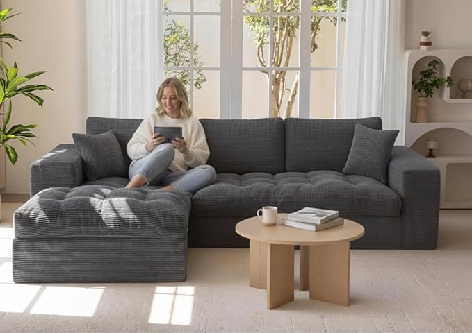 NAYA 106” Modular Sectional Sofa, Cloud Sectional Couch with Deep Seat, Modern Modular L-Shape Sofa Boneless Couch with Chaise for Living Room Bedroom (Grey, Cloudy Sofa with Left Facing Chaise)