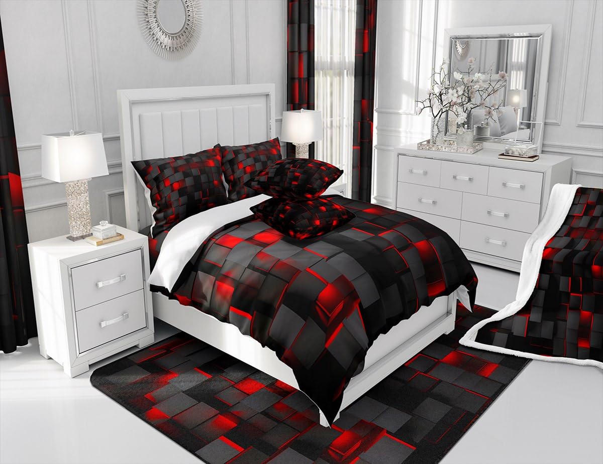 Feelyou Red and Black Bedding Set Queen Size Light Geometric Comforter Set for Kids Boys Girls Geometry Decor Comforter Modern Duvet Set