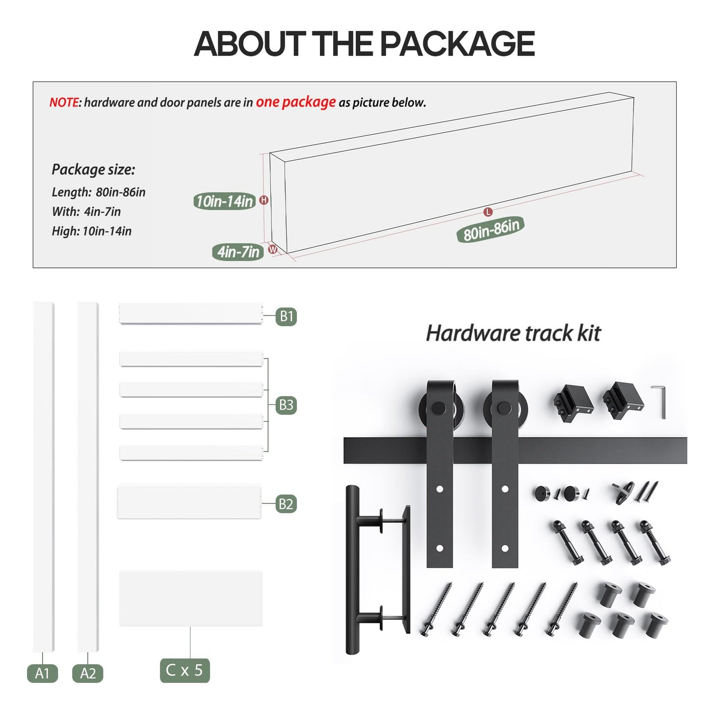 Fredbeck 38x84 inch White Barn Door with 6.6 FT Sliding Door Hardware Kit Included & Handle,MDF,Solid PVC Surface,DIY Assembly,5-Panel,Fit 35in-37in Opening