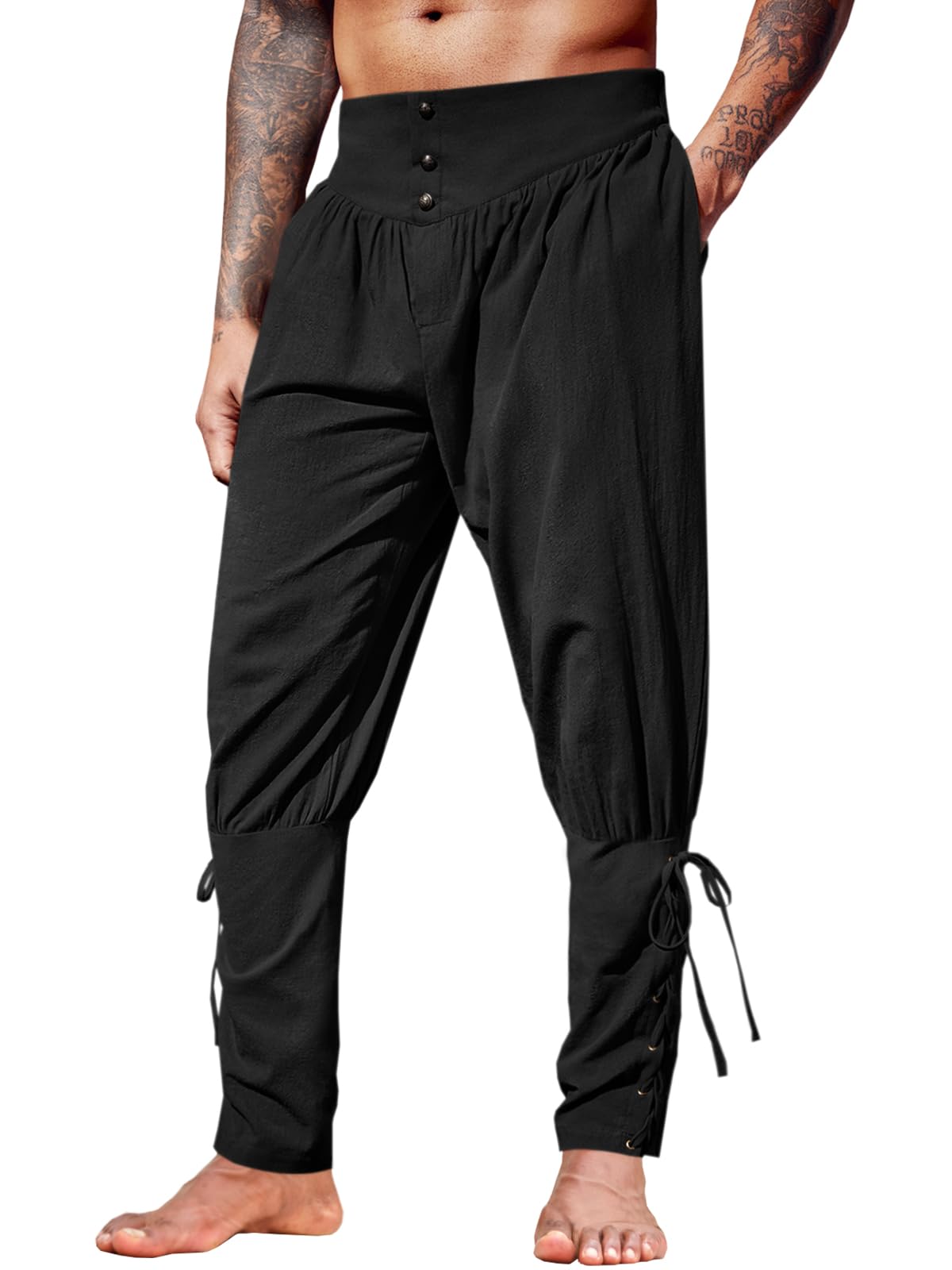 Runcati Mens Medieval Ankle Pants Renaissance Viking Pirate Lace Up Tapered Halloween Linen Costume Trousers Black