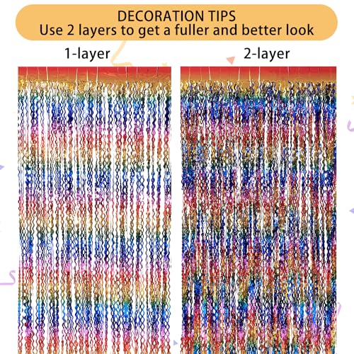 3 Pack Colorful Foil Fringe Curtain Backdrop - 6.6 x 3.3 ft Wavy Rainbow Tinsel Backdrop Curtain Metallic Streamers Irides...