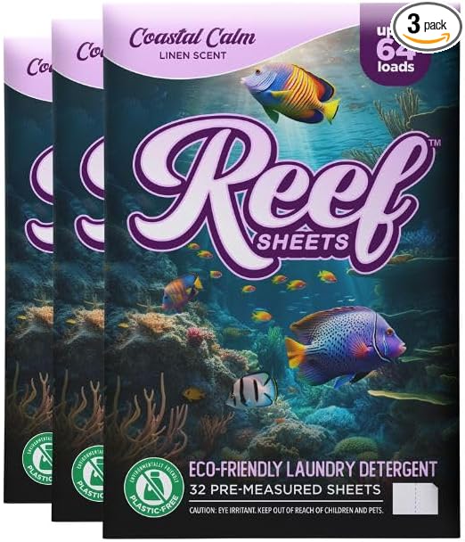 Reef Sheets Laundry Detergent Sheets, 192 loads, Hypoallergenic & Plastic-Free Eco-Friendly Packaging, Gentle on Skin, Tough on Stains, Travel-Friendly, Coastal Calm Linen Scent, 32ct (3 Pack)