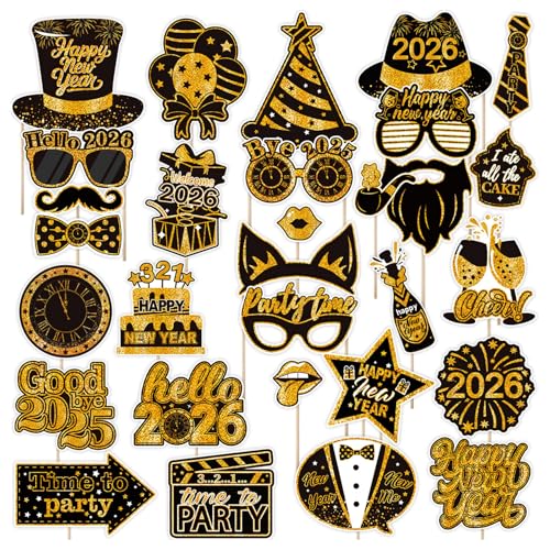 DONCIDAY New Year Eve Photo Booth Props & Frame Set, 2026 Happy New Year's Eve Party Accessories Decoration