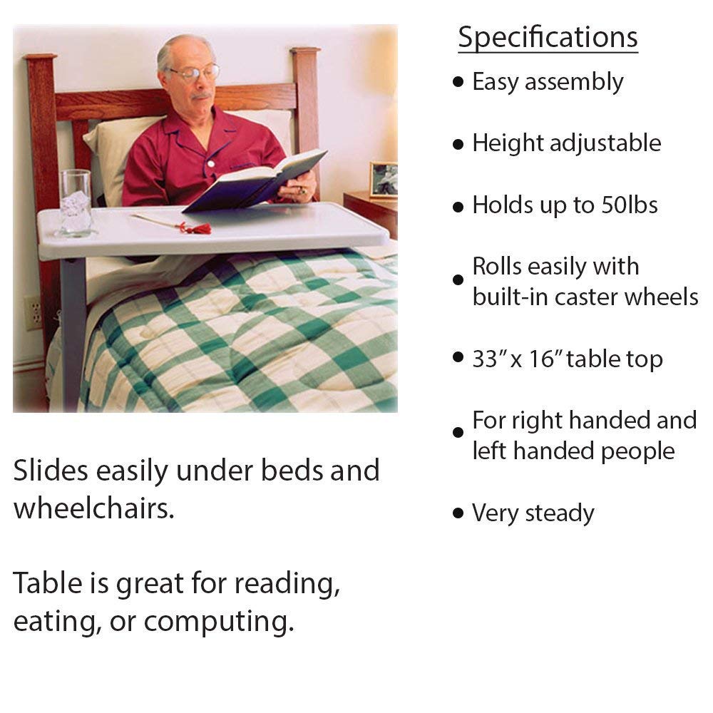 Carex Rolling Overbed Table, Hospital Bed Table, Laptop Tables for Recliner, Bed, Bedside and Sofa, Computer Tables, Hospital Tray, Adjustable with Wheels and Secure Height Adjustment