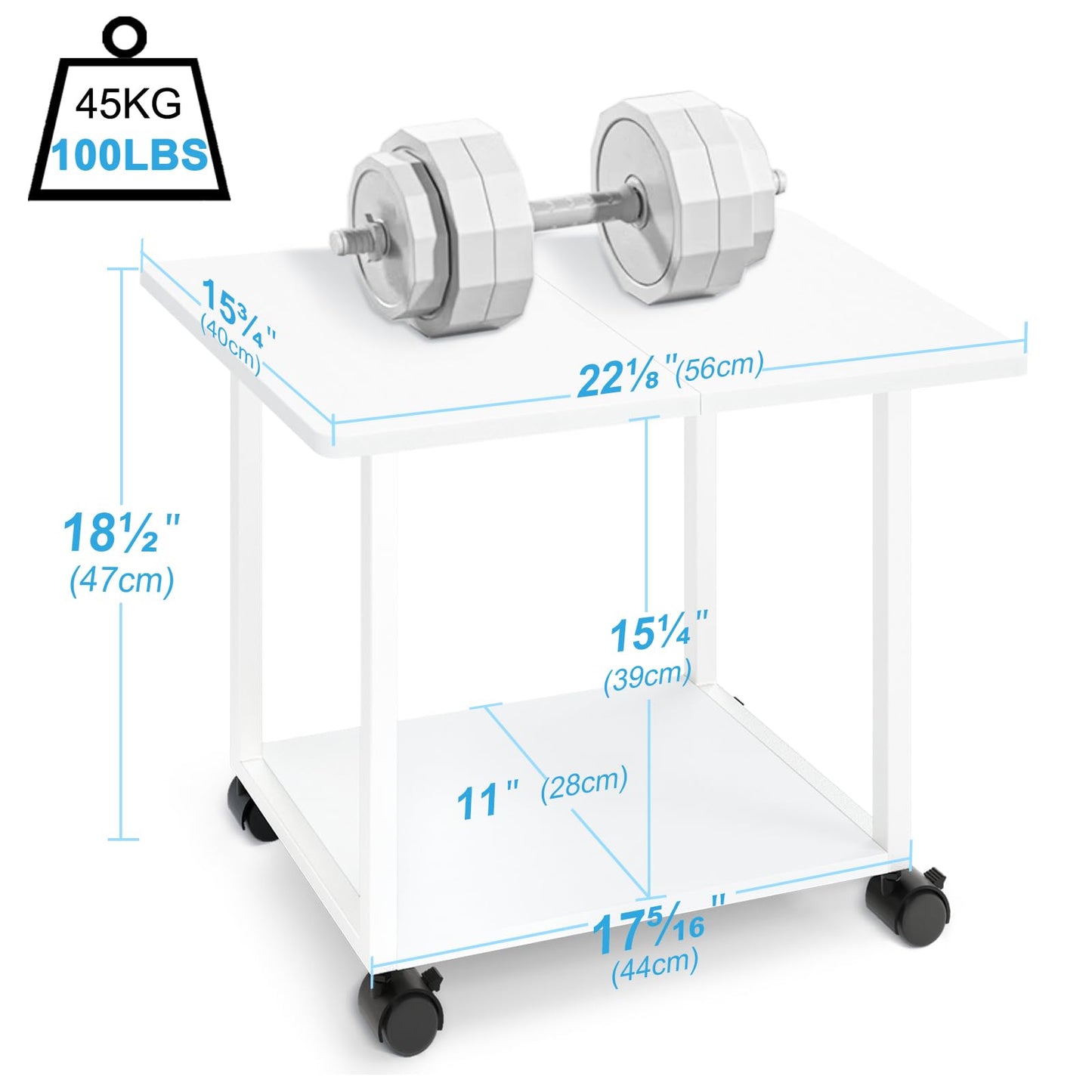 MARTY 22"x15.75" Large Under Desk Printer Stand with Storage Shelf 2-Tier Rolling Printer Cart with Wheels Printer Table for Home Office Heavy Duty Storage Rack for Scanner Fax Machine, White