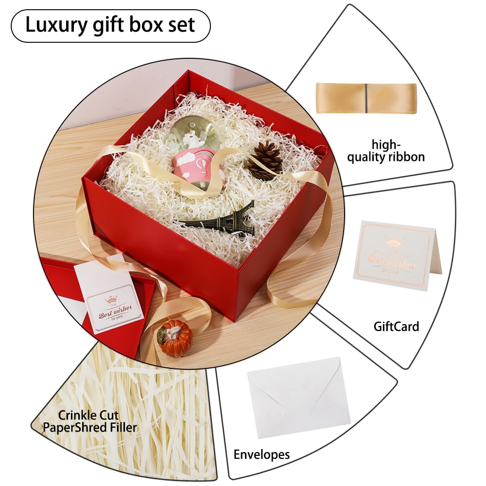 UoeRing 1Pcs Red Extra Large gift box with lids 13×13×7 Inches gift boxes for presents,Birthday Box (include Ribbon, Paper Shred Filler Gift Card & Envelopes)