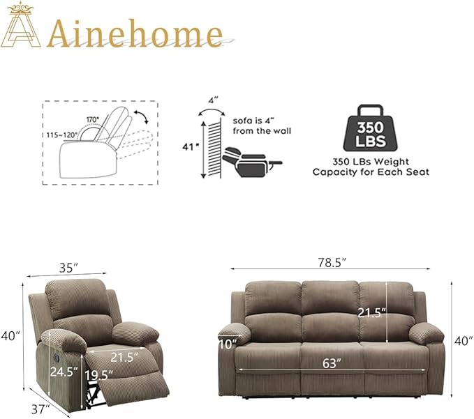 A Ainehome Corduroy Sofa Sets, Living Room Furniture Sets with Storage, Manual Recliner Couches Set, Reclining Sofa Couch and Chair Furniture Set for Living Room/Rv/House/Office, Taupe
