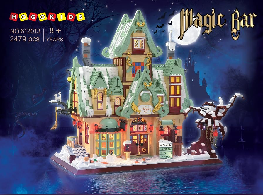 HOGOKIDS Magic Bar House Building Set with LED Light - Halloween House Architecture 3.6mm Mini Building Block Home Office Decor, Magical Birthday Gift for Adults Kids Age 10+ Boy & Girl (2479 PCS)