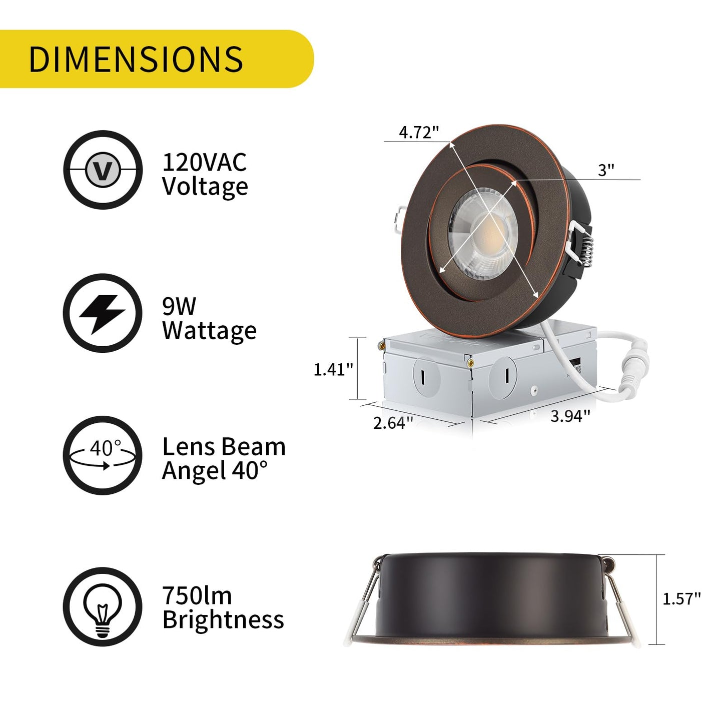 KnLnny Ware Oil Rubbed Bronze Recessed Lighting 4 Inch 6 Pack,Gimbal Led Lights with Junction Box,5CCT Selectable,9W 750LM,Dimmable