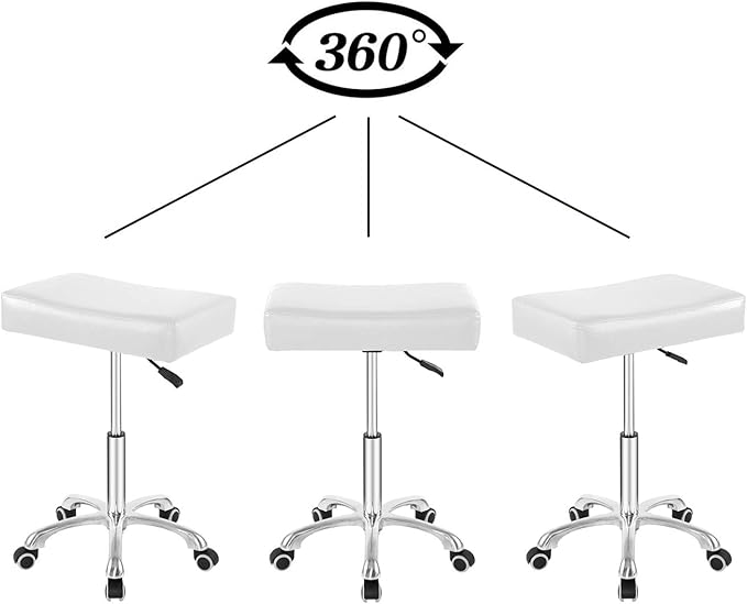 Nazalus Rolling Swivel Stool Height Adjustable with Wheels Heavy Duty for Office Home Desk Counter Salon (Black) (White, Without Footrest)