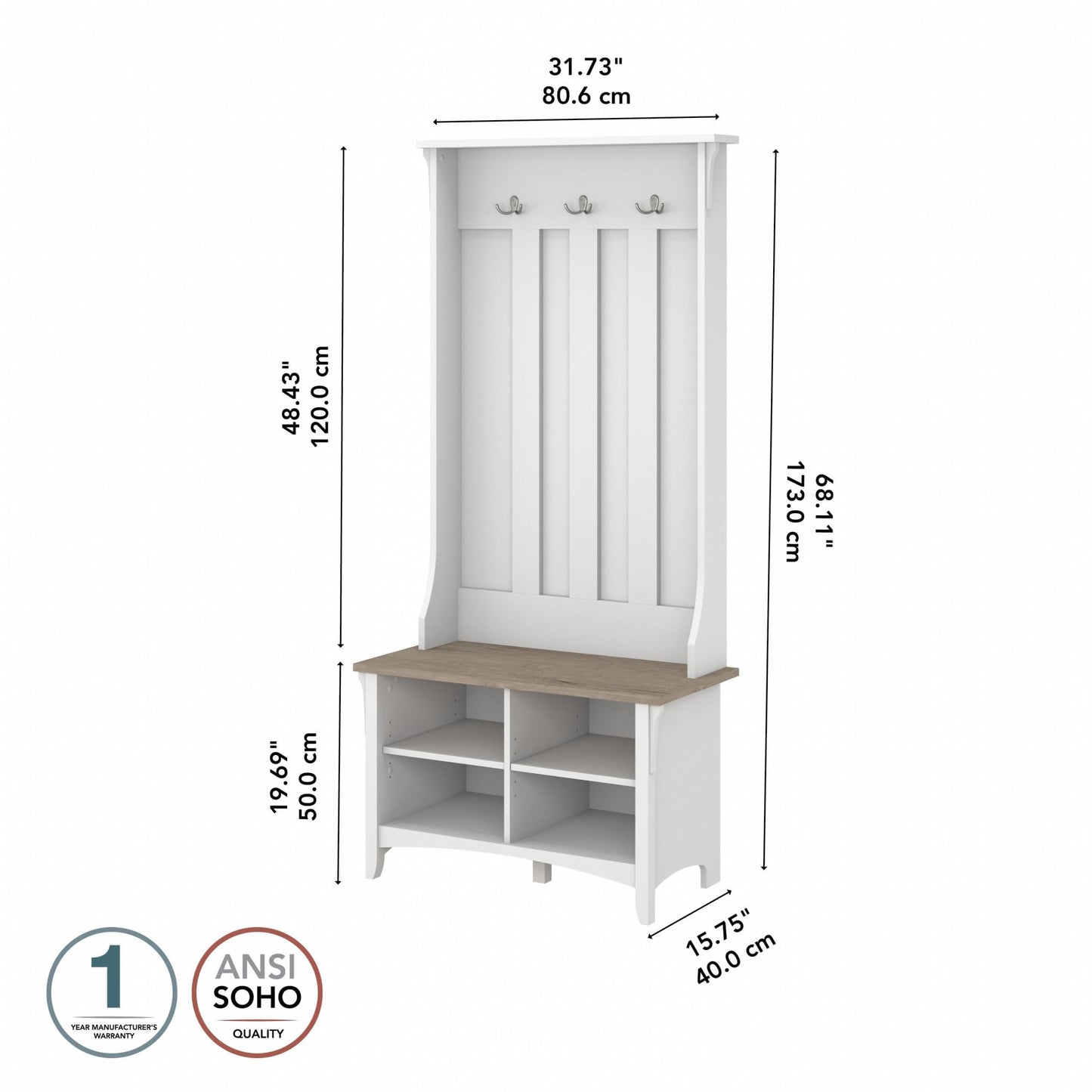 Bush Furniture Salinas Hall Tree with Shoe Storage Bench in Shiplap Gray and Pure White, Multi-Purpose Home Organizer, Entryway Solution with Seating and Hooks
