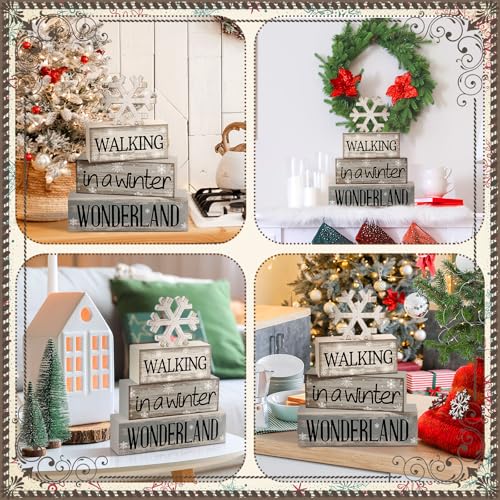 Moucuny 4 Pcs Winter Table Decorations Wooden Snowflake Decor Winter Tiered Snow Tray Decor Rustic Block Signs Gift Farmho...