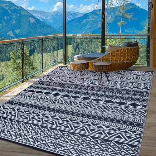 GarveeLife Outdoor Plastic Straw Rug 9x12 Waterproof UV Resistant Foldable Patio Rug Modern Geometric Lightweight Floor Ma...