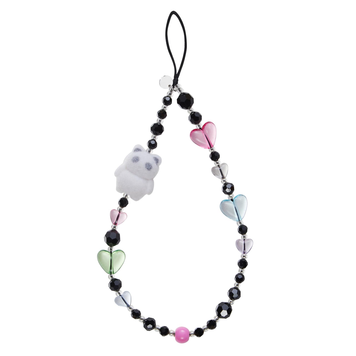 FREPERS Black Crystal Beads Phone Lanyard for Women, Cute Panda & Hearts Charm, Anti-Lost Wrist Strap with Thick Polyester Cord