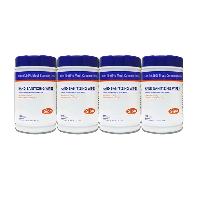 SIPA Hand Sanitizing Wipes 100 WIPES/CANISTER, Soft Textured Wipes, Fresh Scented, (4 CANISTERS)
