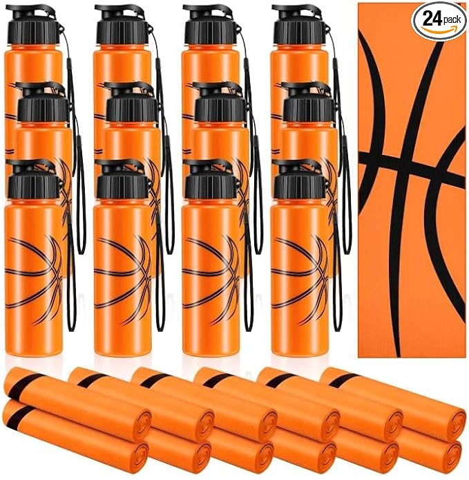 Olgaa 24 Pcs Sport Party Favors 12 Pcs Reusable Basketball Water Bottle Bulk 20 oz 12 Pcs Soft Cooling Towels Sports Acces...