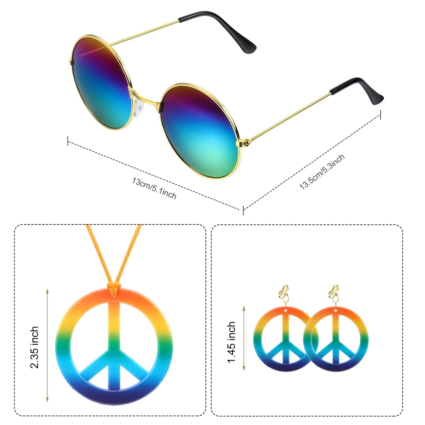 Vabean Halloween Carnival Party Hippie Costume Set Tie Dye Shirt Rainbow Peace Sign Necklace Earring Headband for Halloween