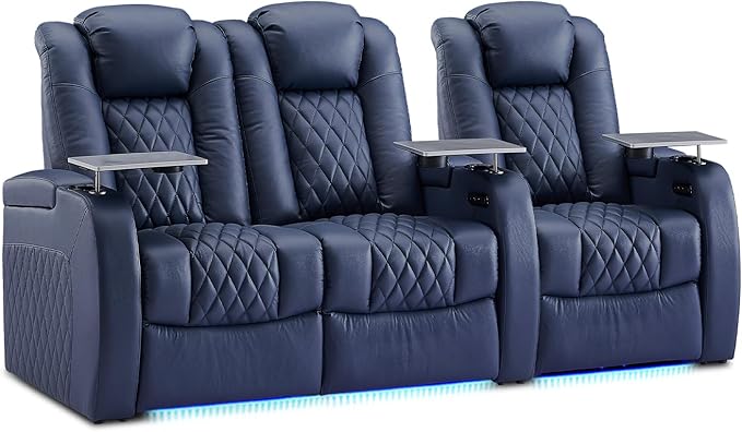 Weilianda Home Theater Seating Top Grain Leather Zero Gravity Recliner Chair Power Headrest Recline Movie Seat Gaming 7 Colors Mood Light Sofa with Tray Table USB Charge Row of 3 Loveseat Left Blue