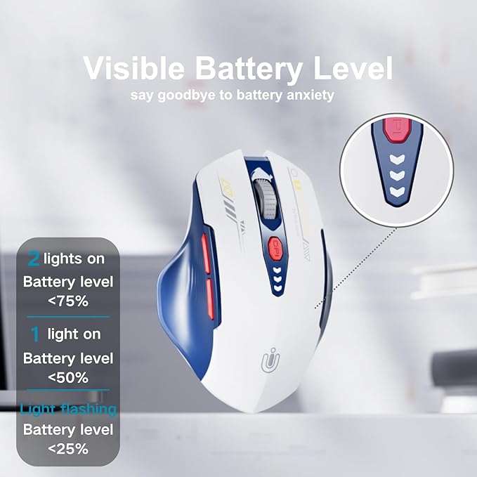 Uineer Bluetooth Mouse,[Upgraded] Multi-Device Wireless Mouse Rechargeable,Visible Battery Level,Tri-Mode (BT 5.0/4.0+2.4G Hz), 4 Adjustable DPI,Coldless Mice for Laptop and PC,Bluewhite