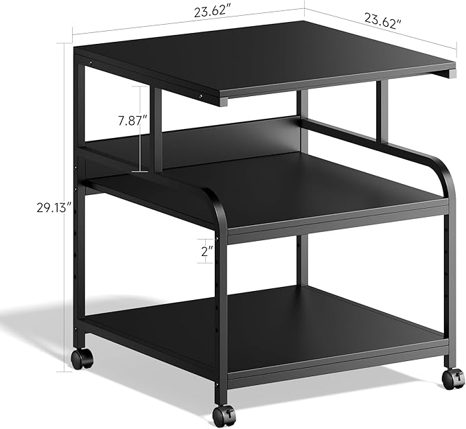 Printer Stand, 23.6''×23.6''×29'' Large Printer Table for Home Office with Locking Casters, Sturdy 3-Tier Rolling Cart with Adjustable Shelf, Mini Fridge Stand, Home Office Essentials, Black