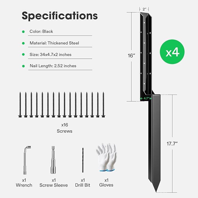 VIVOSUN Fence Post Repair Kit, Heavy-Duty Ground Spike with Gloves for Repairing Tilted or Broken Wood Posts (4 Pack, Black)