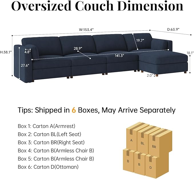 CUGOAO 153.4'' Modular Sectional Sofa, Oversized L-Shaped Sectional Couch with Ottoman, Deep Seat Chenille Cloud Couch, Mordern Upholstered Couches for Living Room, Apartment, Office, Blue