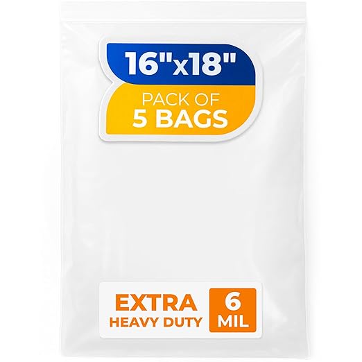 16" x 18" Large Zip Seal Lock Bags, 6 Mil (Pack of 5) – Heavy-Duty Reclosable Plastic Bags – Clear, Resealable, Waterproof – For Storing and Organizing Clothes, Jewelry, and Travel Items