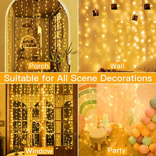 Ollny Curtain Lights 200 LED 6.6x6.6ft, Warm White Waterproof Fairy Lights Curtain for Bedroom Backdrop Wedding Party Deco...