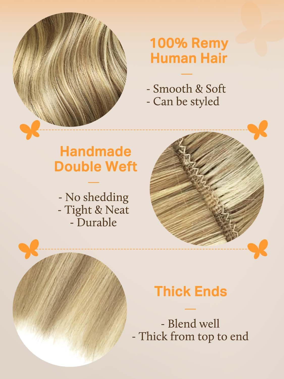 DOORES Weft Hair Extensions Human Hair, Light Blonde Highlighted Golden Blonde 16 Inch 100g Sew in Straight Natural Weave for Fu