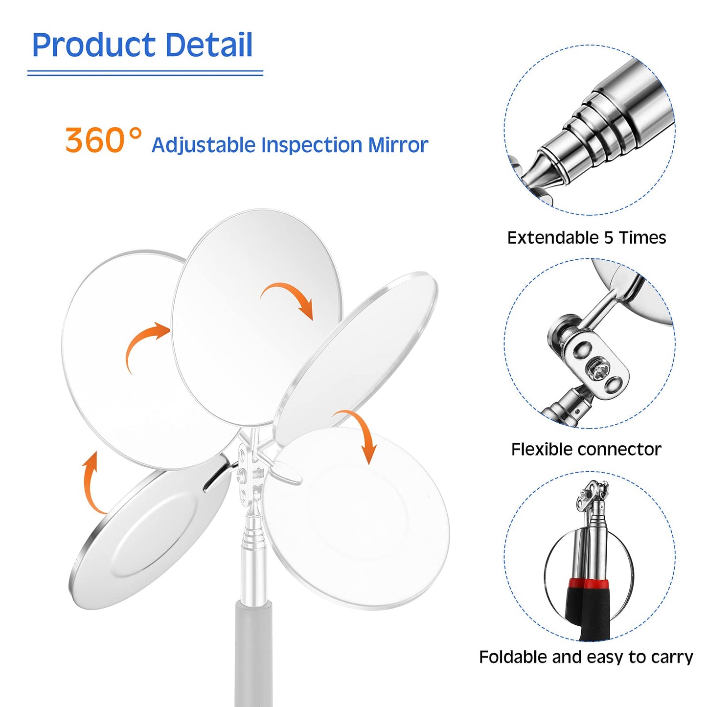 Frienda 2 Pieces Lighted Telescoping Inspection Mirror Flexible Retractable LED Automotive Extension Round Dental Mirror with Light Pickup Tools Birthday Christmas Gift for Men Husband Father