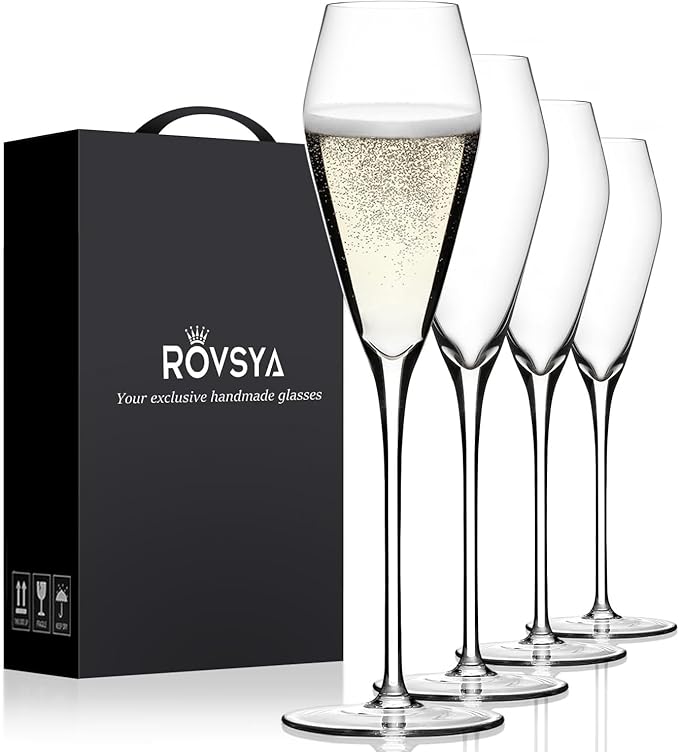 Champagne Flutes Glasses Set of 4, Hand Blown Crystal Wedding Flutes Glass, Ideal for Weddings, Anniversaries, Christmas, ...