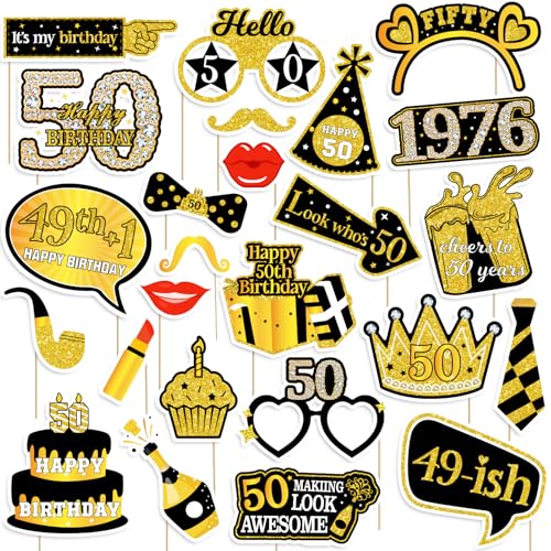 50th Birthday Photo Booth Props for Women & Men, Black Gold Adult 50th Birthday Photo Booth Props, Cheers to Fifty Birthda...