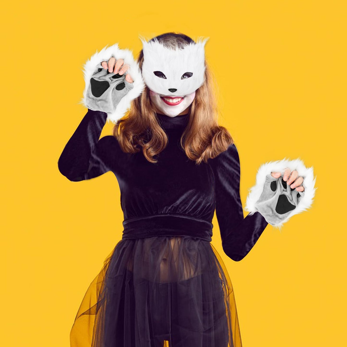 Jaciya Faux Furry Mask and Tail Set Halloween Costume Set for Women Fox Mask Wolf Tail Animal Party Costume-White