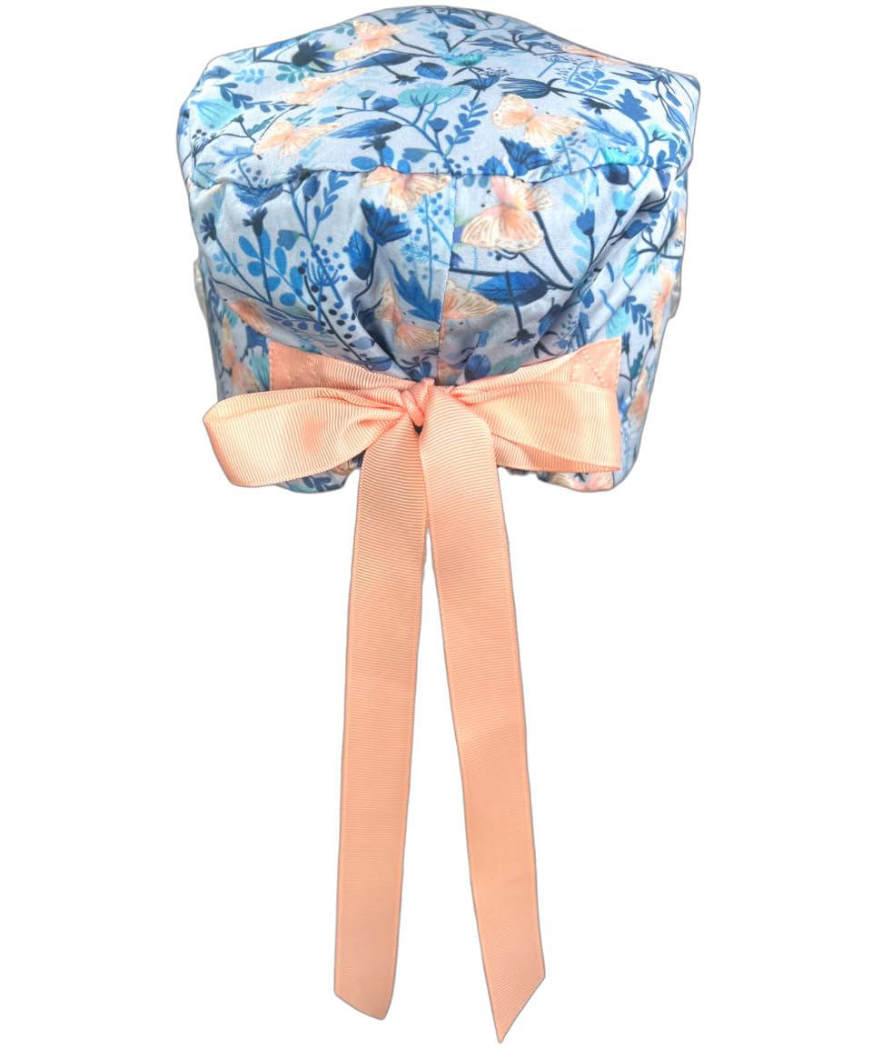 CALOMED Scrub Cap for Women and Men, Euro Style Scrub Caps, with Ribbon Ties & Buttons, Long or Short Hair (Pink Butterflies on