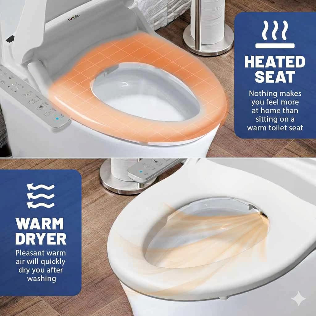 Ivyel J-2 Smart Electric Bidet for Toilet Seat, Fits Elongated toilet,Warm water,Heated bidet toilet seat,Heated Dryer,Child Function,Stainless Steel Self-Cleaning Nozzle,LED Night Light