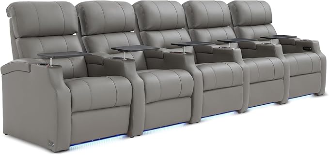 Weilianda Home Theater Seating, Top Grain Leather Sectional Seats Recliner Chair, Zero Gravity Reclining Sofa with Power Headrest 7 Colors Ambient Lighting USB C Charge Row of 5 Grey